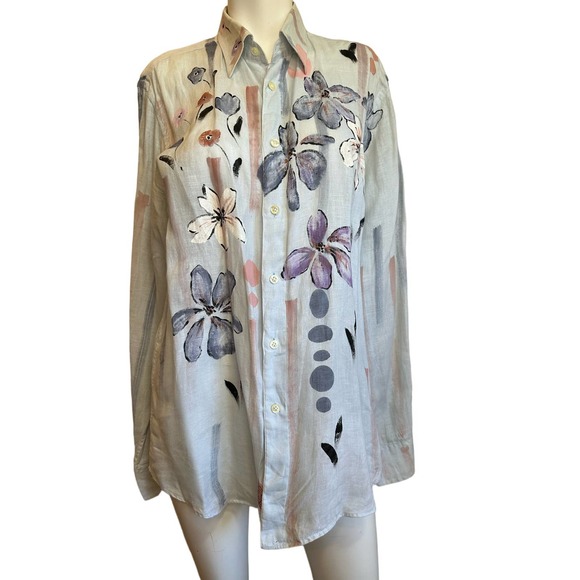 Alessandro Gherardeschi Blue Floral Linen Oversized Italian Designer Blouse XL - Picture 3 of 12